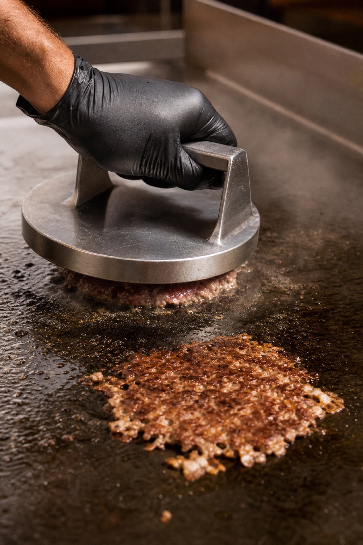 Steak de bœuf finement smashé sur une plaque très chaude
