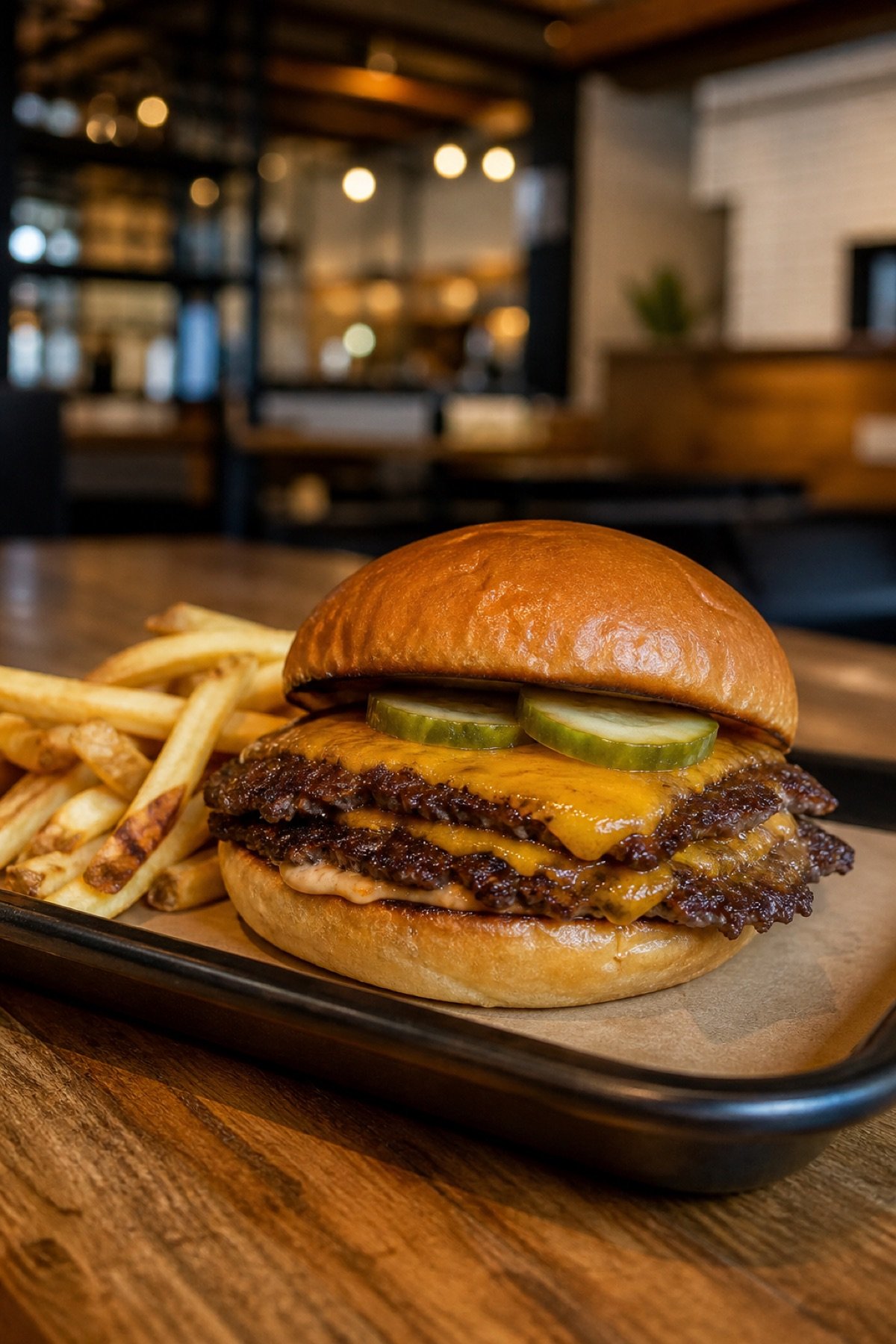 Double smash burger au cheddar servi avec des frites